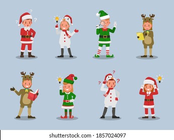 Set of kids boy and girl wearing Christmas costumes character vector design. Presentation in various action with emotions.