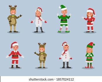 Set of kids boy and girl wearing Christmas costumes character vector design. Presentation in various action with emotions.