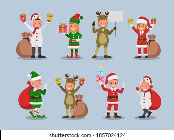 Set of kids boy and girl wearing Christmas costumes character vector design. Presentation in various action with emotions.