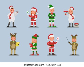 Set of kids boy and girl wearing Christmas costumes character vector design. Presentation in various action with emotions.