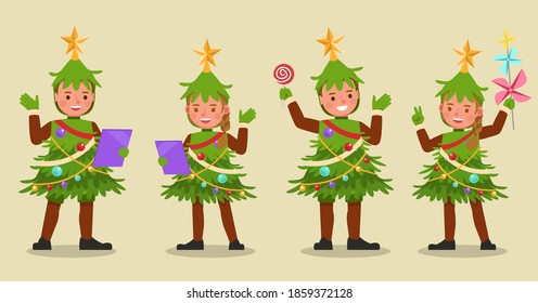 Set of kids boy and girl wearing Christmas tree costumes character vector design. Presentation in various action with emotions.