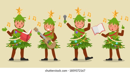 Set of kids boy and girl wearing Christmas tree costumes character vector design. Presentation in various action with emotions.