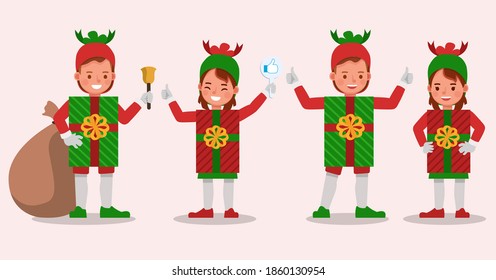 Set of kids boy and girl wearing christmas gift box costumes character vector design. Presentation in various action with emotions.