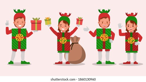 Set of kids boy and girl wearing christmas gift box costumes character vector design. Presentation in various action with emotions.