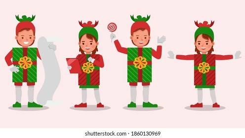 Set of kids boy and girl wearing christmas gift box costumes character vector design. Presentation in various action with emotions.