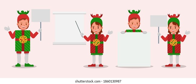 Set of kids boy and girl wearing christmas gift box costumes character vector design. Presentation in various action with emotions.