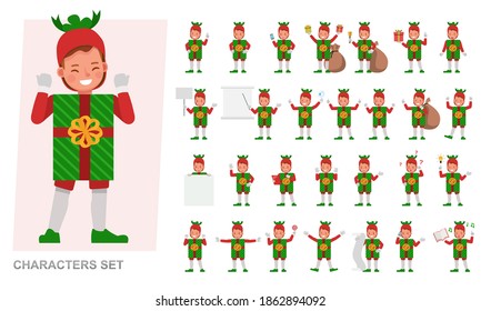 Set of kids boy wearing christmas gift box costumes character vector design. Presentation in various action with emotions.