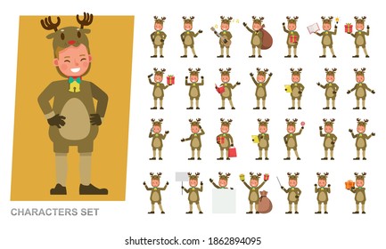 Set of kids boy wearing Christmas reindeer costumes character vector design. Presentation in various action with emotions.