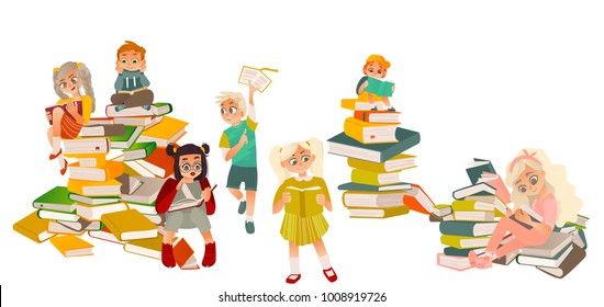 Set of kids, boys, girls, reading, standing and sitting on piles of books, flat cartoon vector illustration isolated on white background. Set of kids sitting on piles of books, reading with interest