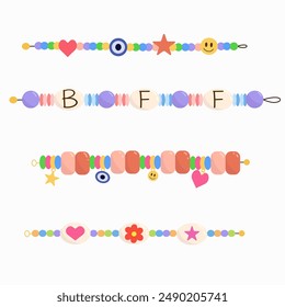 Set of kids bracelet jewelry. Plastic beads, children's handmade accessory. Friendship bracelet, BFF, charm. Vector isolated on white background.