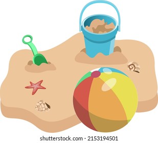 Set of kids bucket, beach ball and shovel with sand and seashell, isolated on white background