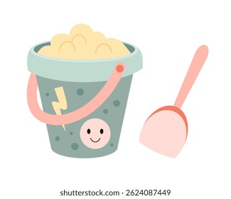 Set with kids bucket and shovel for sand, cute cartoon seasonal beach object. Summer hand drawn vector illustration in flat style	