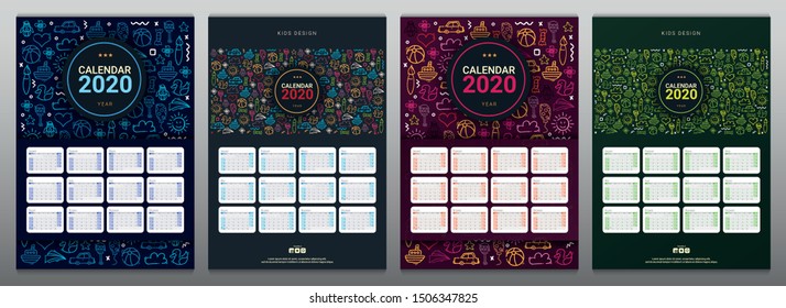 Set of Kids Calendars 2020 with hand draw doodle background
