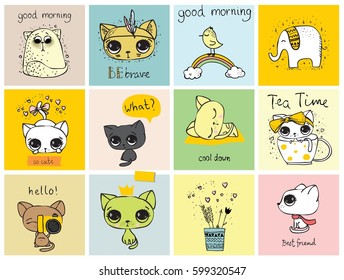 Set of kid's cards with simple design of cute cats. Perfect for kid's banners, stickers and other kid's things