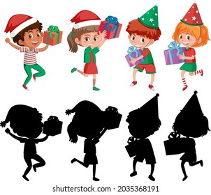Set of kids cartoon character in different positions with its silhouette illustration