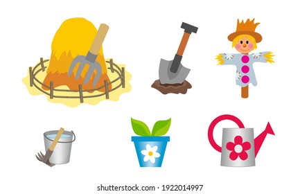 Set of kids cartoon vector icons with tools and items of agriculture and farming. Cliparts of haystack, shovel, garden scarecrow, bucket of water, sprout in a pot and watering can. Design elements