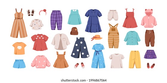 Set of kid's casual clothes. Child's garments for summer. Apparel, shoes and accessories for boys and girls. Colored flat vector illustration of dress, pants, jumpsuit isolated on white background - Shutterstock ID 1996867064