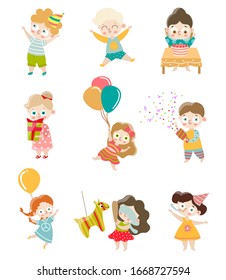 Set of kids celebrating and having fun at the birthday party. Vector illustration in flat cartoon style.