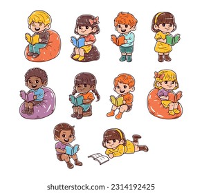 Set of kids character with a reading book hand-drawn illustration