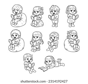 Set of kids character with a reading book outline sketch hand-drawn illustration