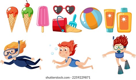 Set of kids character with summer element illustration