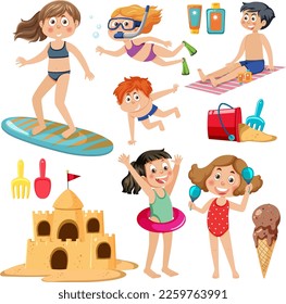 Set of kids character with summer element illustration