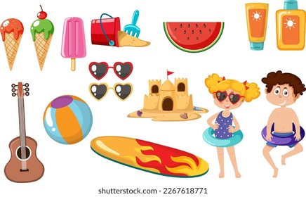 Set of kids character with summer element illustration