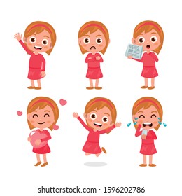 Set of kids characters and emotions. Cute and simple style. Girl emotions set. Child with different expressions. Variety of emotions children. Variety moods and differences.