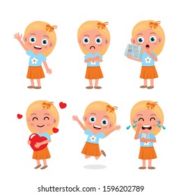 Set of kids characters and emotions. Cute and simple style. Girl emotions set. Child with different expressions. Variety of emotions children. Variety moods and differences.