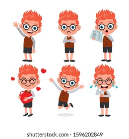 Set of kids characters and emotions. Cute and simple style. Boy emotions set. Child with different expressions. Variety of emotions children. Variety moods and differences.