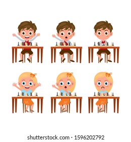 Set of kids characters and emotions.  Kids playing chess. Boy and girl emotions set. Child with different expressions. Variety moods and differences.