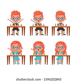 Set of kids characters and emotions.  Kids playing chess. Boy and girl emotions set. Child with different expressions. Variety moods and differences.