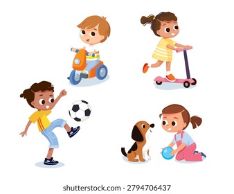 Set of kids. Children doing different activities:  little girl playing with a dog, riding a scooter, baby boy riding a bicycle, playing football. Little girl ride scooter. Friends on outside 