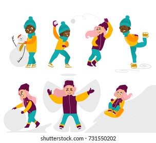 Set of kids, children, girls doing winter activities, having fun, cartoon vector illustration isolated on white background. Kids, children, girls play snowballs, make snowman, ice skate, ride a sled