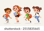 Set of kids. Children and preschoolers. International students. Happy children with school backpacks and books jumping and playing.