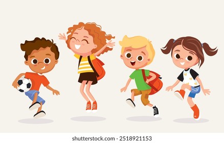 Set of kids. Children and preschoolers. International students. Happy children with school backpacks and books jumping and having fun.