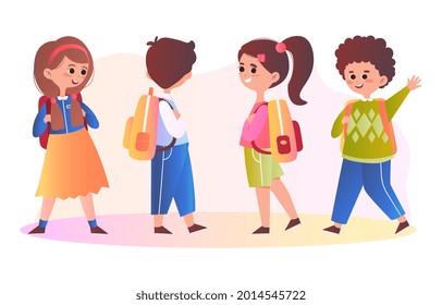 Set of kids. Children and preschoolers. Small cheerful children with backpacks go to school. Girls and boys of school age. Design elements isolated on white background. Flat Vector Collection