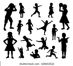 A set of kids or children in silhouette playing, running and jumping and other poses