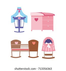 Set of kids, children toys and accessories concept. Cots and a changing table for newborns, different forms, colors and size. Vector illustration isolated on white background.