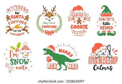 Set of kids Christmas sign with quotes. Funny baby vector designs. Set of winter holiday symbols with saying. Christmas emblem designs. Festive design for badges and cards.