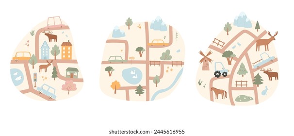 Conjunto de mapa de la ciudad de los niños. Ilustración vectorial de un mapa de la ciudad con coches, montañas, árboles. Ilustración dibujada a mano para la habitación de los niños.