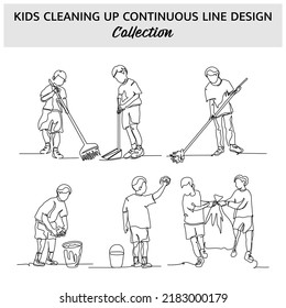 Set of kids cleaning environment continuous line. Vector illustration of minimalist style on a white background.