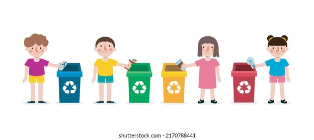 set of kids collect rubbish for recycling, Children Segregating Trash, recycling trash, Save the World, recycling isolated on white backgrounds vector Illustration