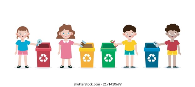 set of kids collect rubbish for recycling, Children Segregating Trash, recycling trash, Save the World, recycling isolated on white backgrounds vector Illustration