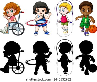 Set of kids in color and silhoueete illustration