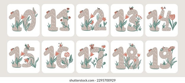 set of kids colorful numbers with flowers 10-19, cartoon cards child design, birthday greeting