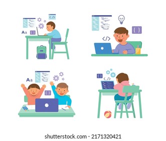 set of kids with computer laptop learn coding vector illustration 