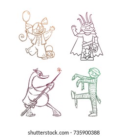 Set of kids in costumes for Halloween. Lich or russian King Koschey, Mummy, Clown, Goose. Vector illustration