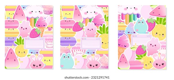 Set  kids covers for notebooks with stickers. For the design of child s books, brochures, templates for school diaries. Vector kawaii food animal illustration soft pastel color 