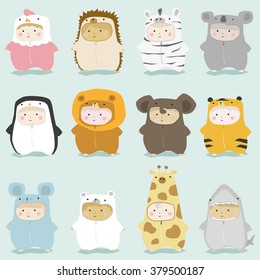 Set of kids in cute animal costumes 2 , vector , illustration